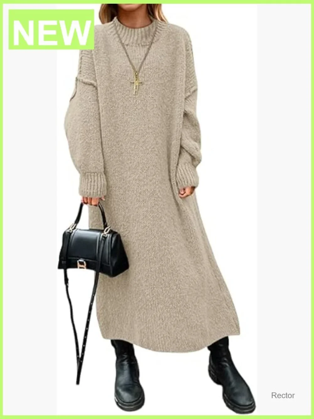 Oversized Chunky Knit Sweater Dress Mock Neck Long Sleeve Maxi Fall Winter - Picture 1 of 7